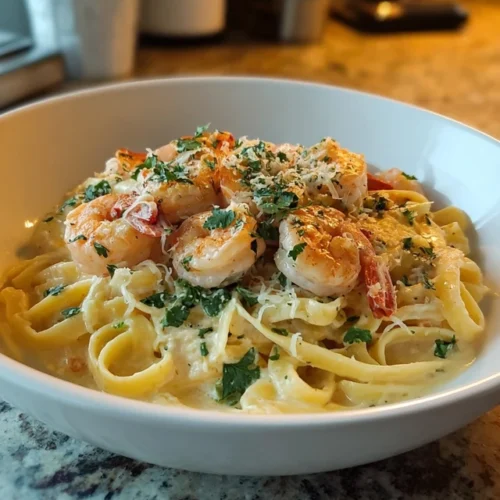 Creamy chicken and shrimp alfredo in a bowl