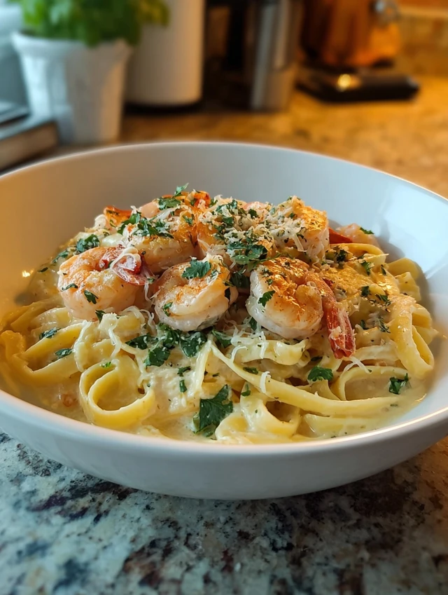 Creamy chicken and shrimp alfredo in a bowl