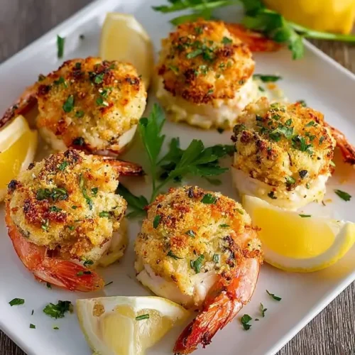 Baked crab stuffed shrimp on a white plate