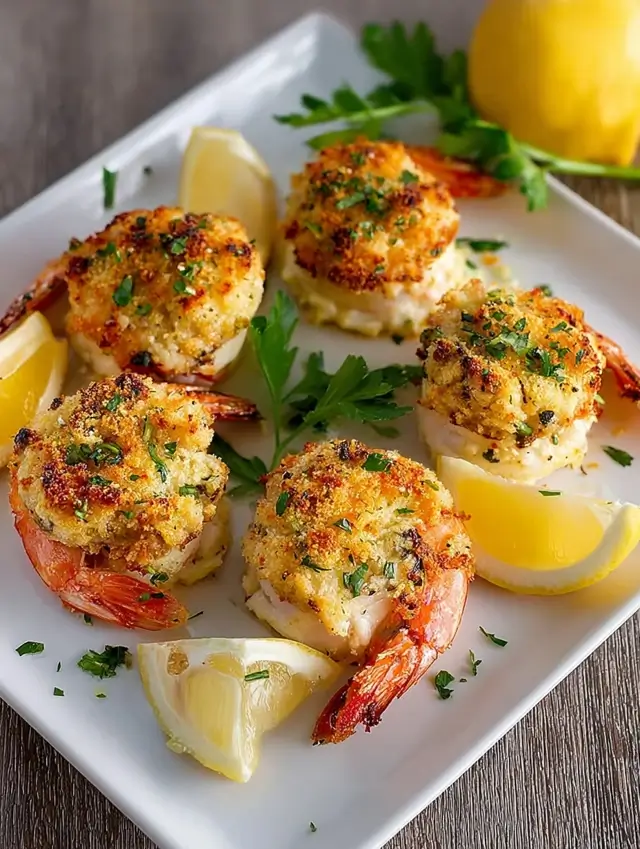 Baked crab stuffed shrimp on a white plate
