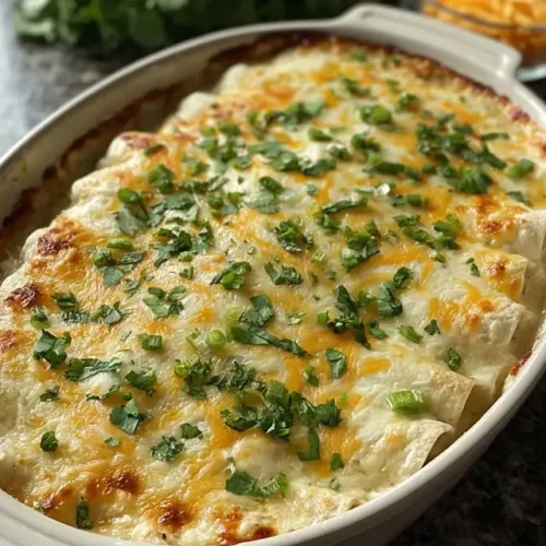 Baked white chicken enchiladas in a glass dish