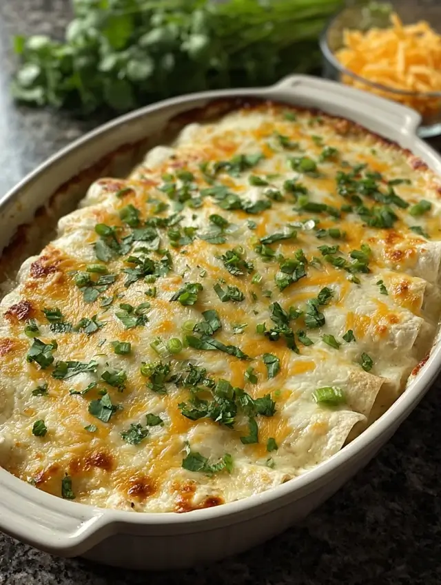 Baked white chicken enchiladas in a glass dish