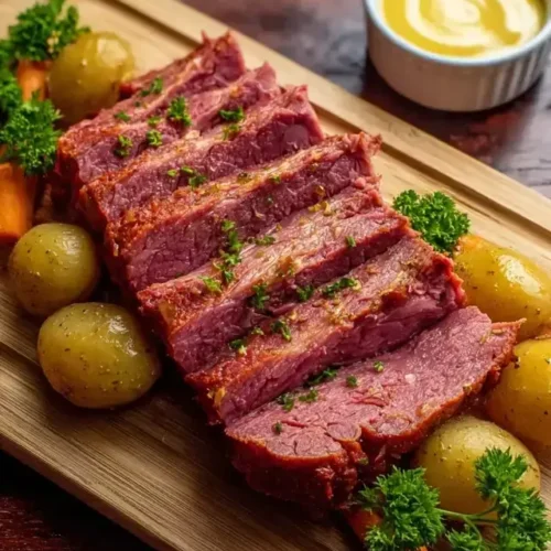 Instant Pot corned beef sliced on cutting board