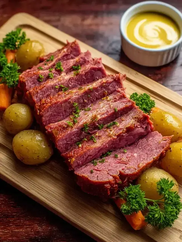 Instant Pot corned beef sliced on cutting board