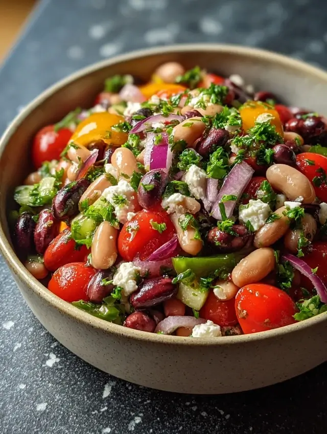 Dense bean salad recipe in a rustic bowl with colorful veggies and vegan feta.