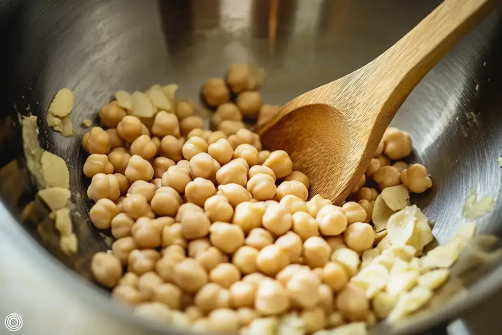Mixing garbanzo and navy beans for dense bean salad.