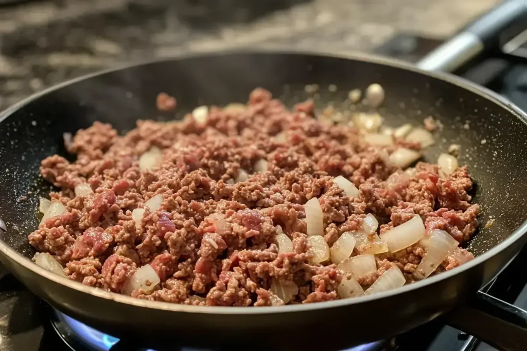 Browning ground beef with onions and garlic in a skillet