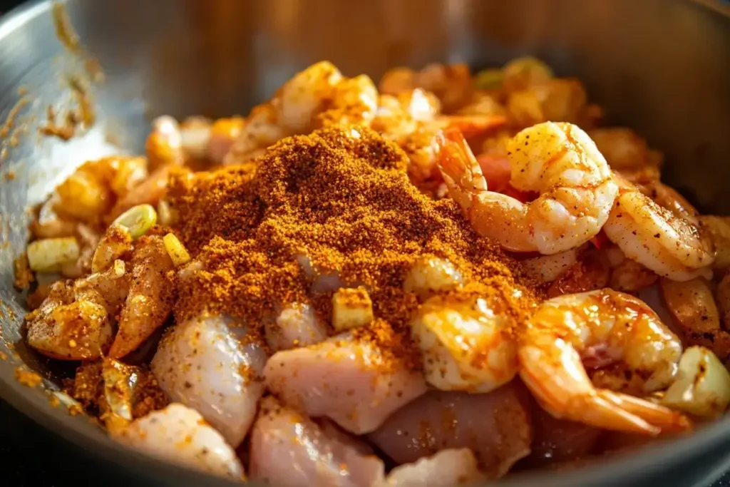 Seasoning chicken and shrimp for alfredo