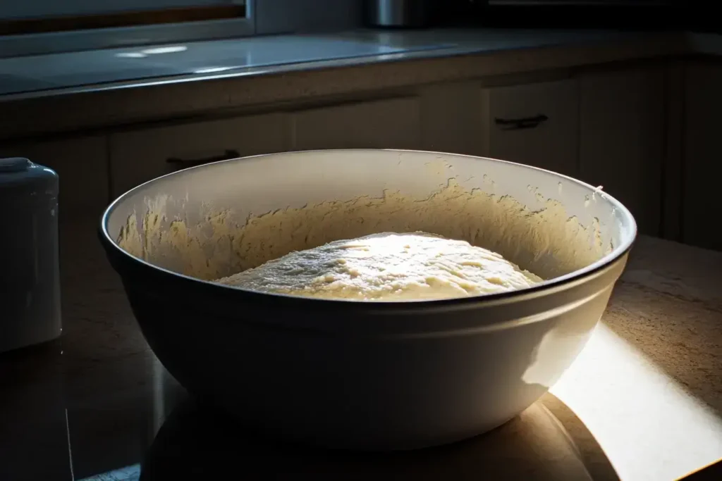Mixing flour, yeast, and water for focaccia pizza dough