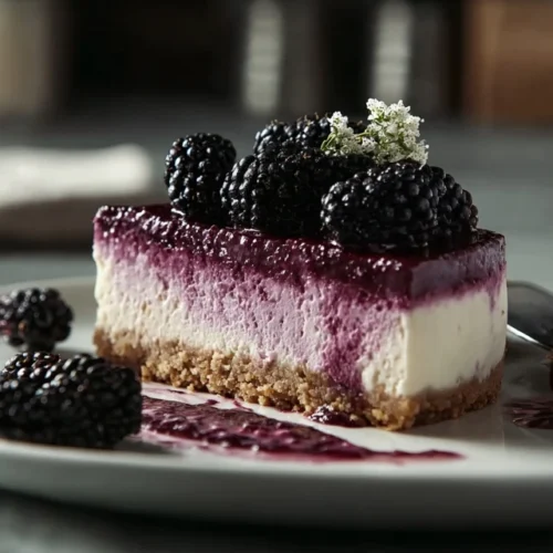 No bake blackberry cheesecake topped with fresh berries