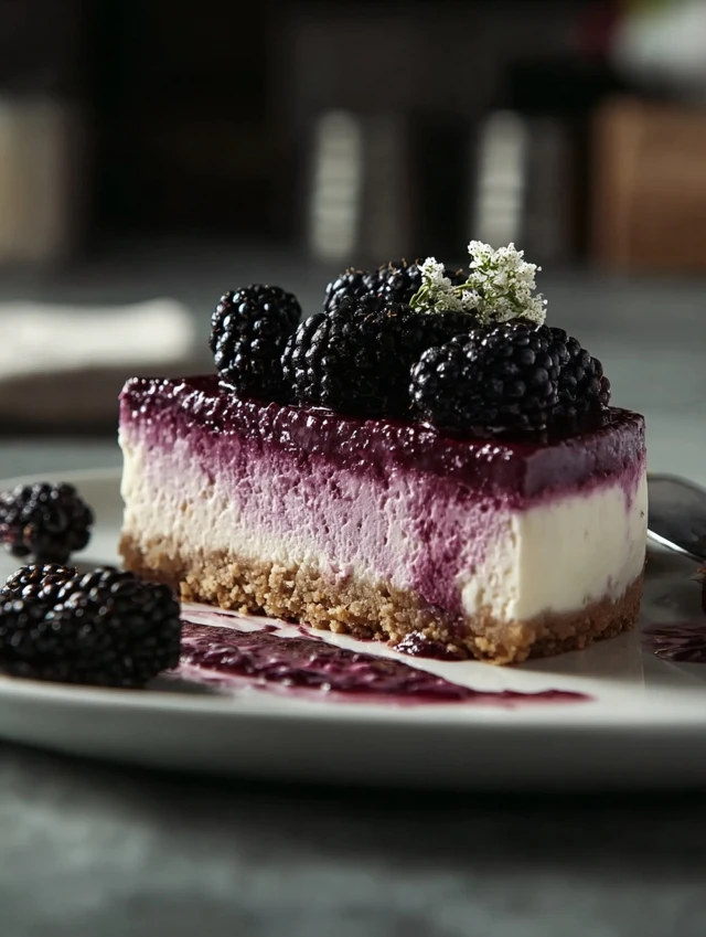 No bake blackberry cheesecake topped with fresh berries