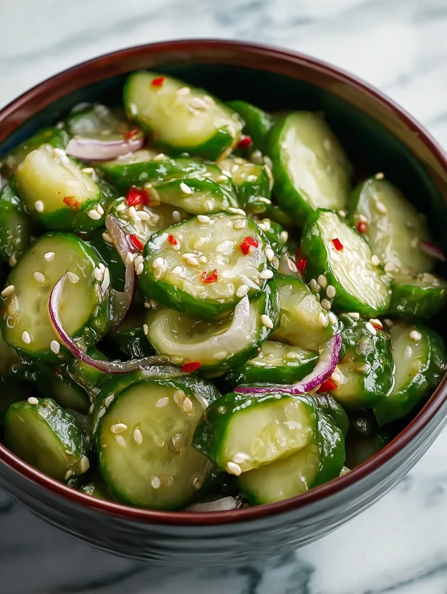 Spicy Cucumber Salad recipe in a vibrant bowl with red peppers and sesame seeds