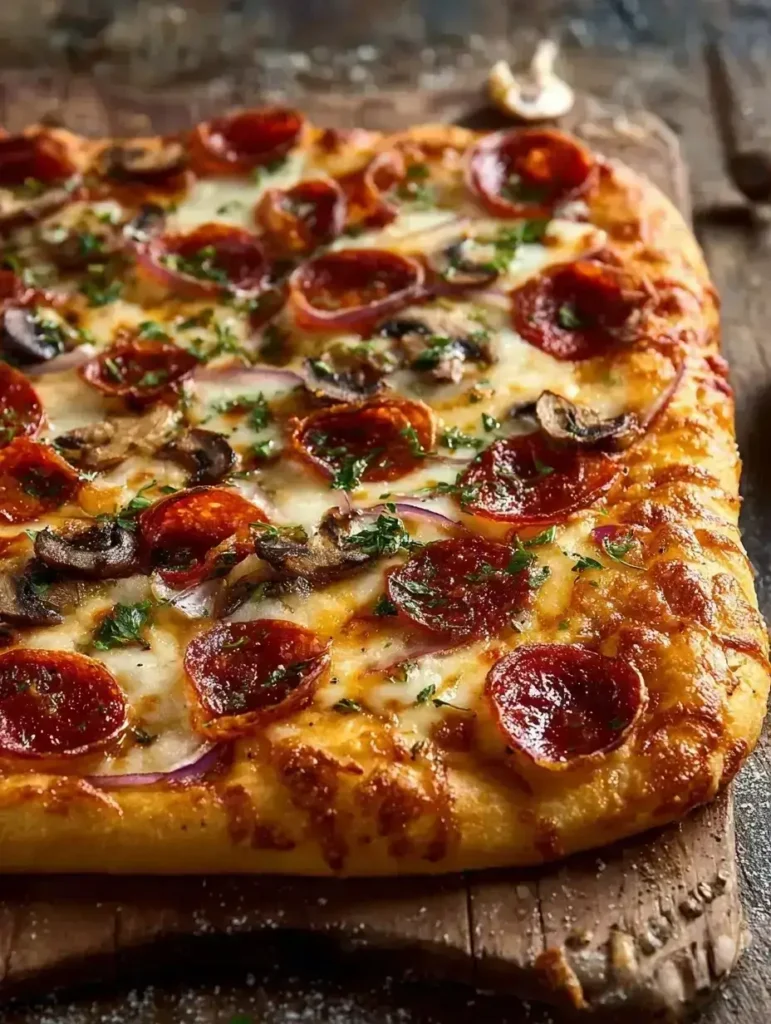 Focaccia pizza recipe with pepperoni and cheese on a wooden board