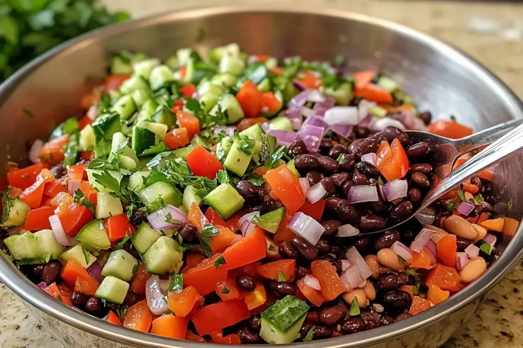 Start the dense bean salad recipe by mixing garbanzo and navy beans.