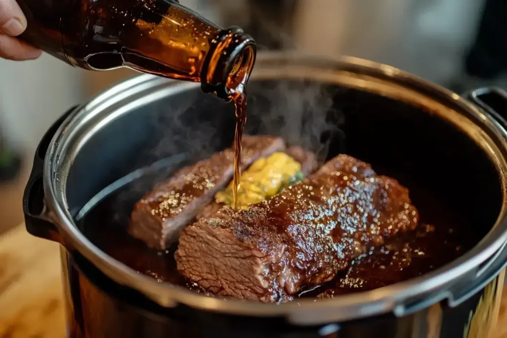 Pouring beer and water into Instant Pot
