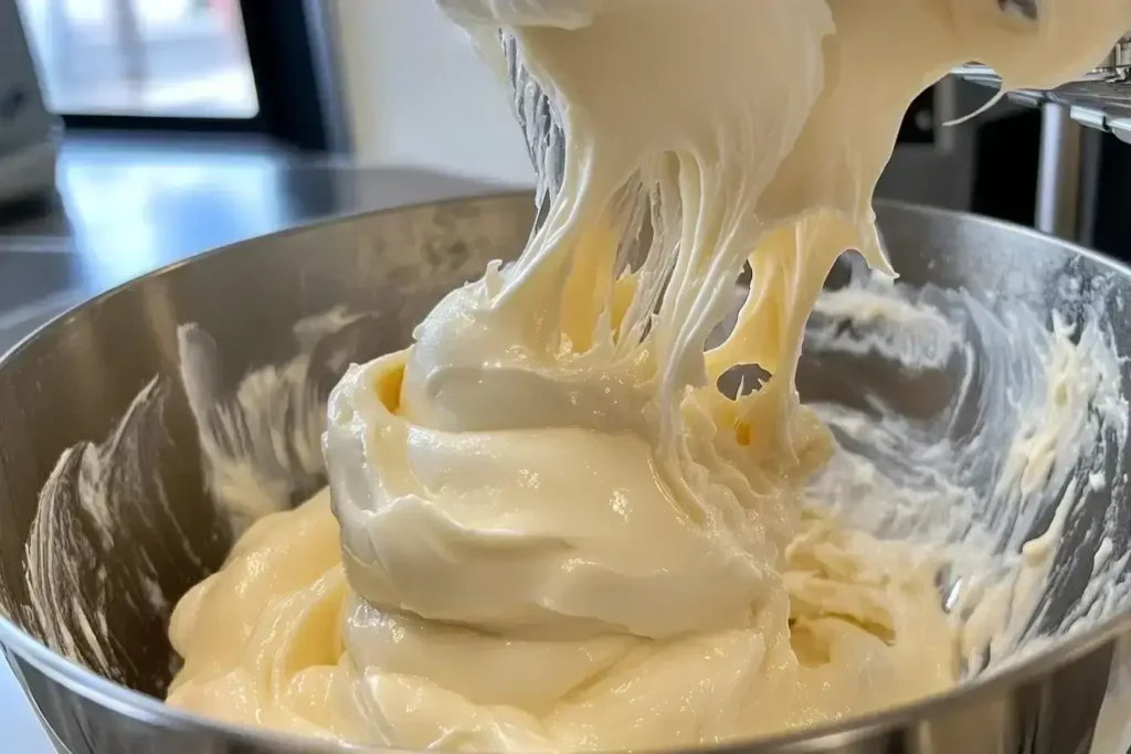 Cream cheese and sugar being mixed for cheesecake filling