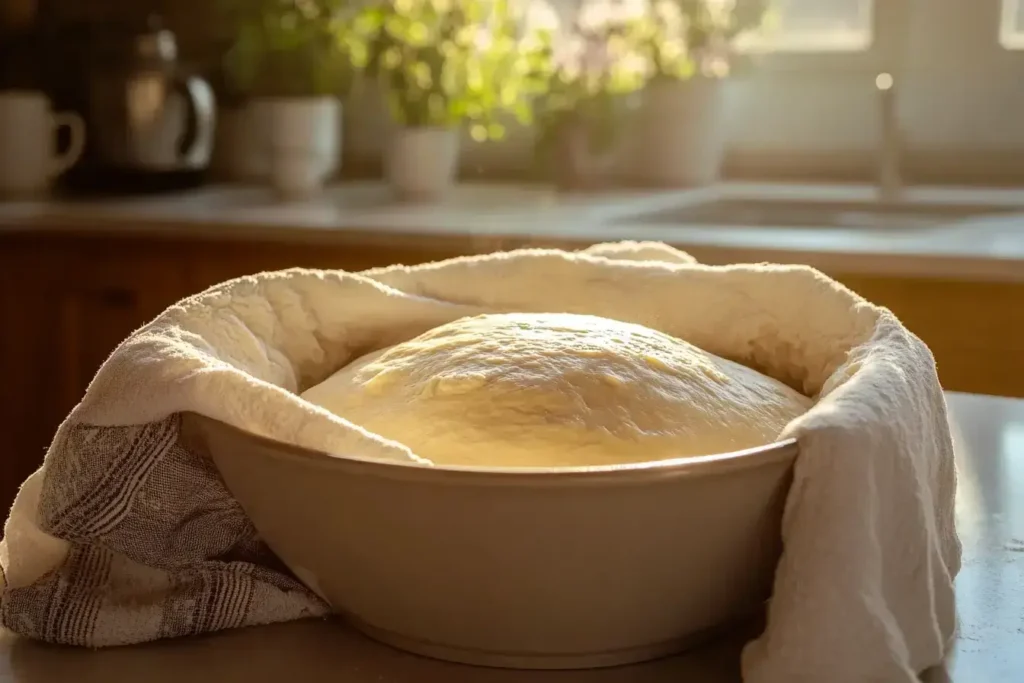 Focaccia pizza dough rising in a bowl