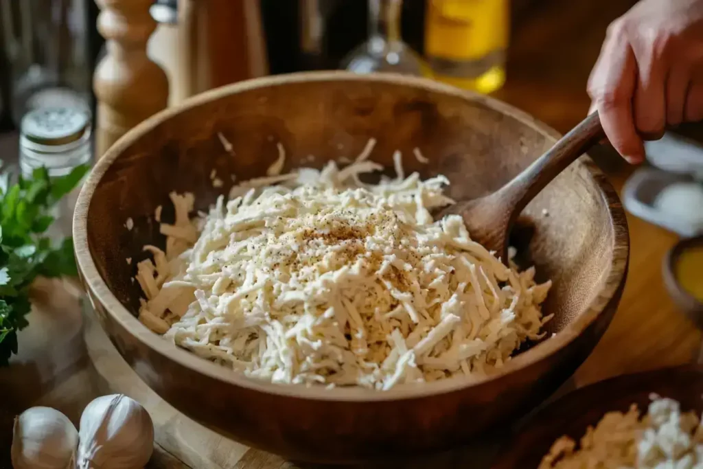 Mixing chicken and cheese filling for enchiladas