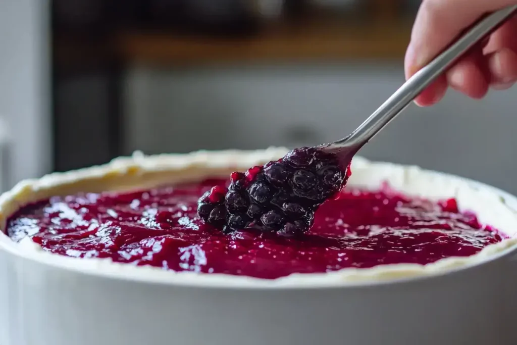 Folding blackberry preserves into cheesecake mixture