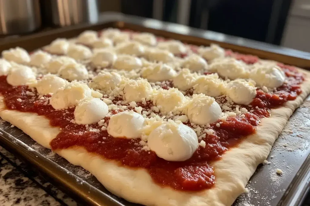 Spreading sauce and cheese on focaccia dough