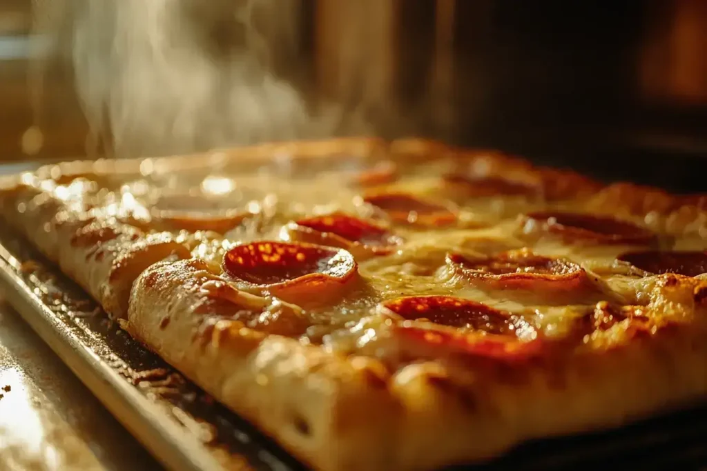 Freshly baked focaccia pizza with crispy pepperoni
