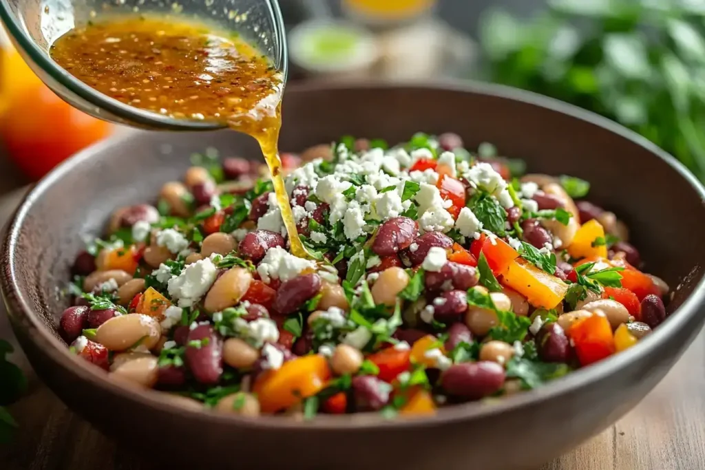 Dressing and finishing dense bean salad with vegan feta and parsley.