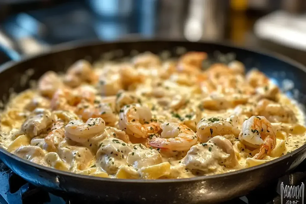 Finished chicken and shrimp alfredo pasta