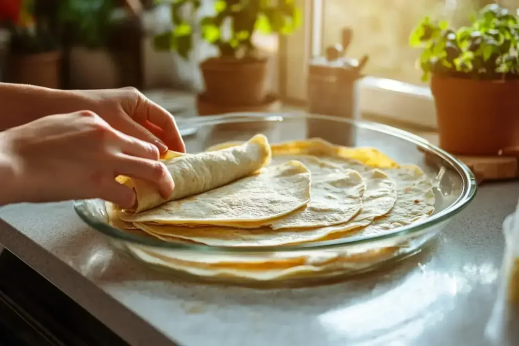 Rolling white chicken enchiladas in flour tortillas
