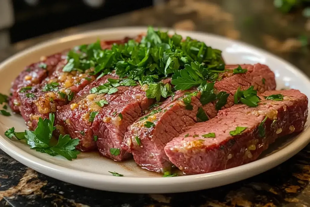 Sliced corned beef served on plate