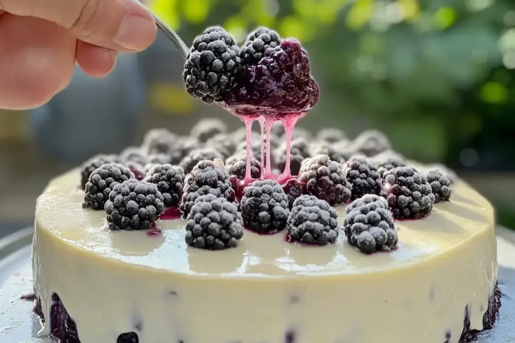 Topping cheesecake with sugared blackberries