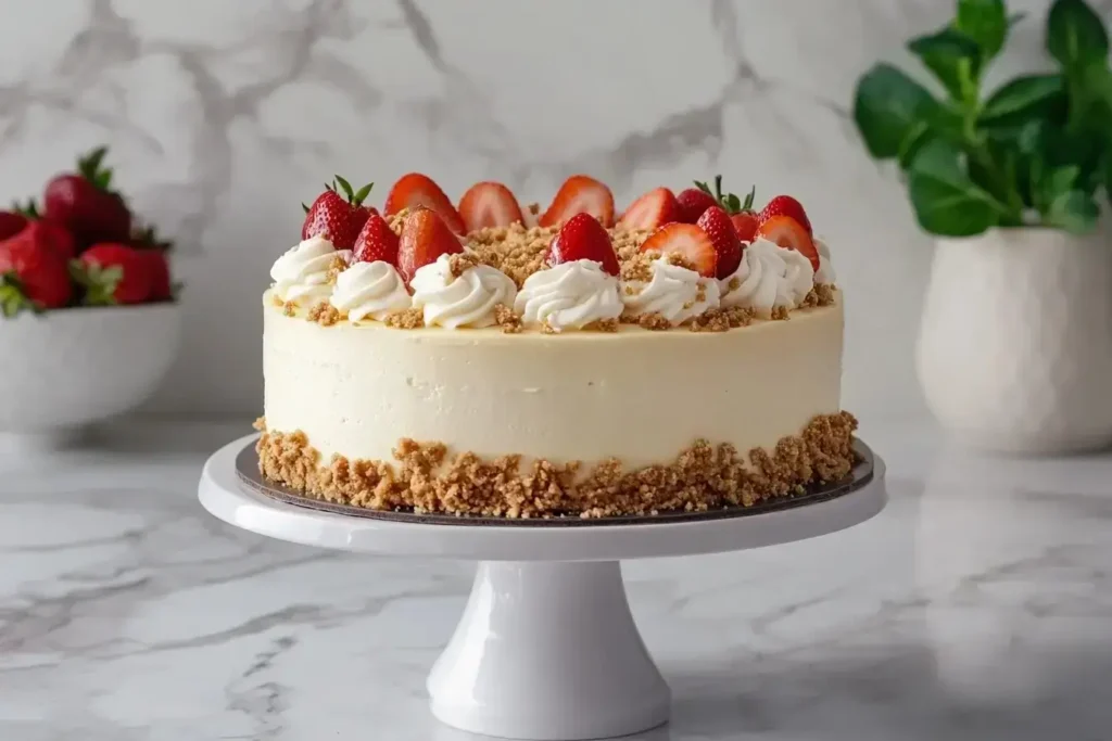 Finished strawberry crunch cheesecake decorated with whipped cream and strawberries.