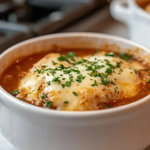 Bowl of chicken parmesan soup topped with cheese and parsley