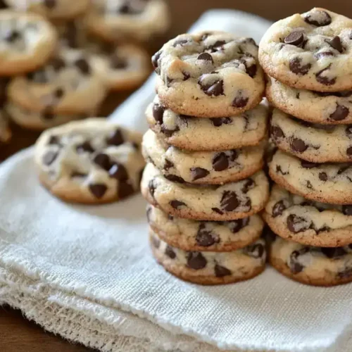 Stack of mini chocolate chip cookies on a wooden table