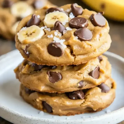 Stack of gooey banana peanut butter cookies with chocolate chips.