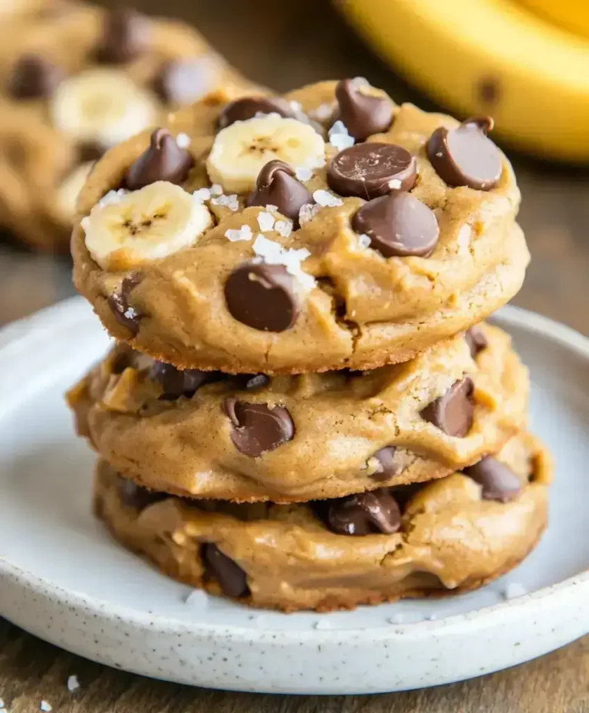 Stack of gooey banana peanut butter cookies with chocolate chips.