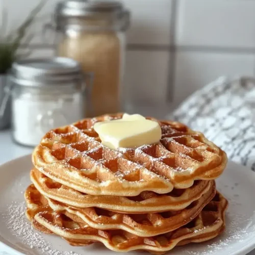 Stack of golden pearl sugar waffles with melting butter
