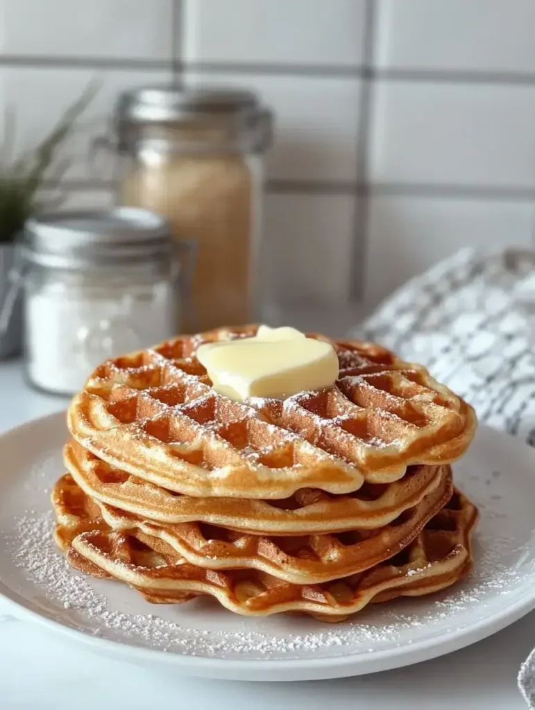 Stack of golden pearl sugar waffles with melting butter