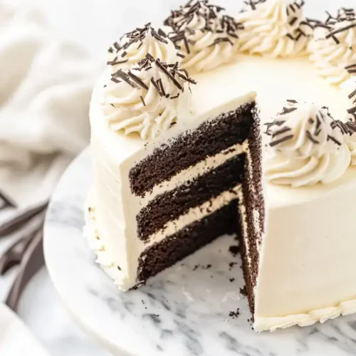 Black and white cake with chocolate layers and vanilla buttercream