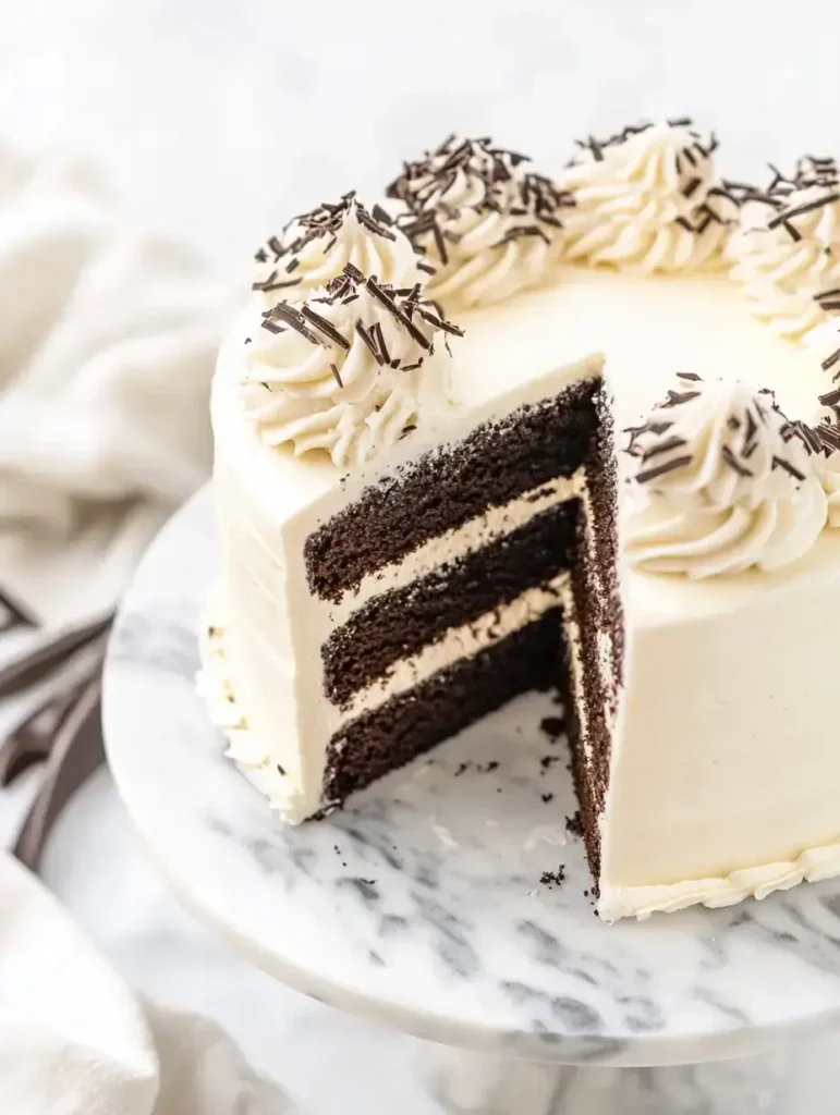 Black and white cake with chocolate layers and vanilla buttercream