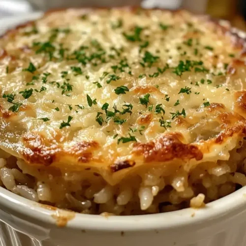 Baked onion soup rice topped with melted cheese