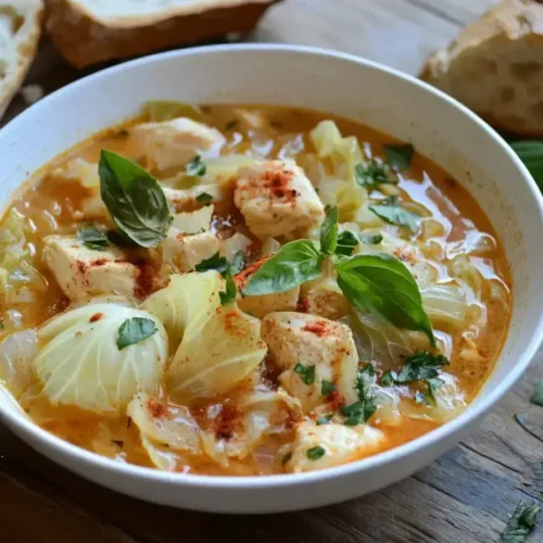 Hearty chicken cabbage soup in a bowl with bread
