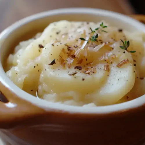 potato onion soup served in a rustic bowl with bread