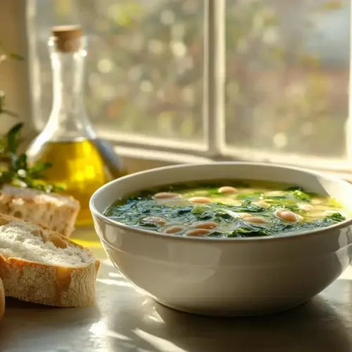 Warm bowl of escarole bean soup with rustic bread