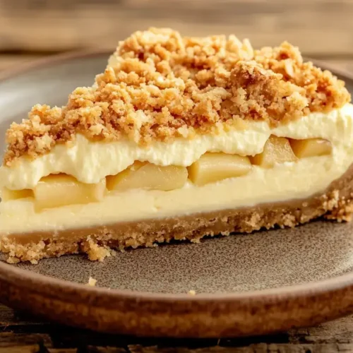 Apple pie cheesecake slice with crumble topping