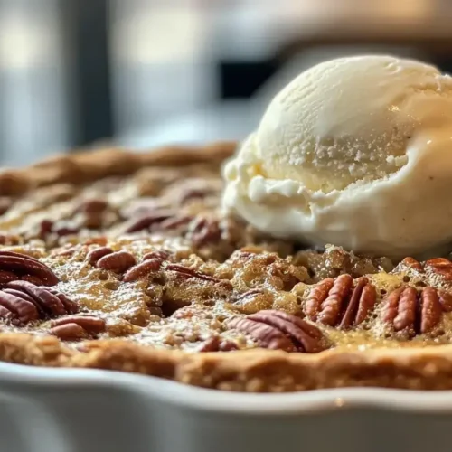 Pecan pie cobbler served warm with vanilla ice cream