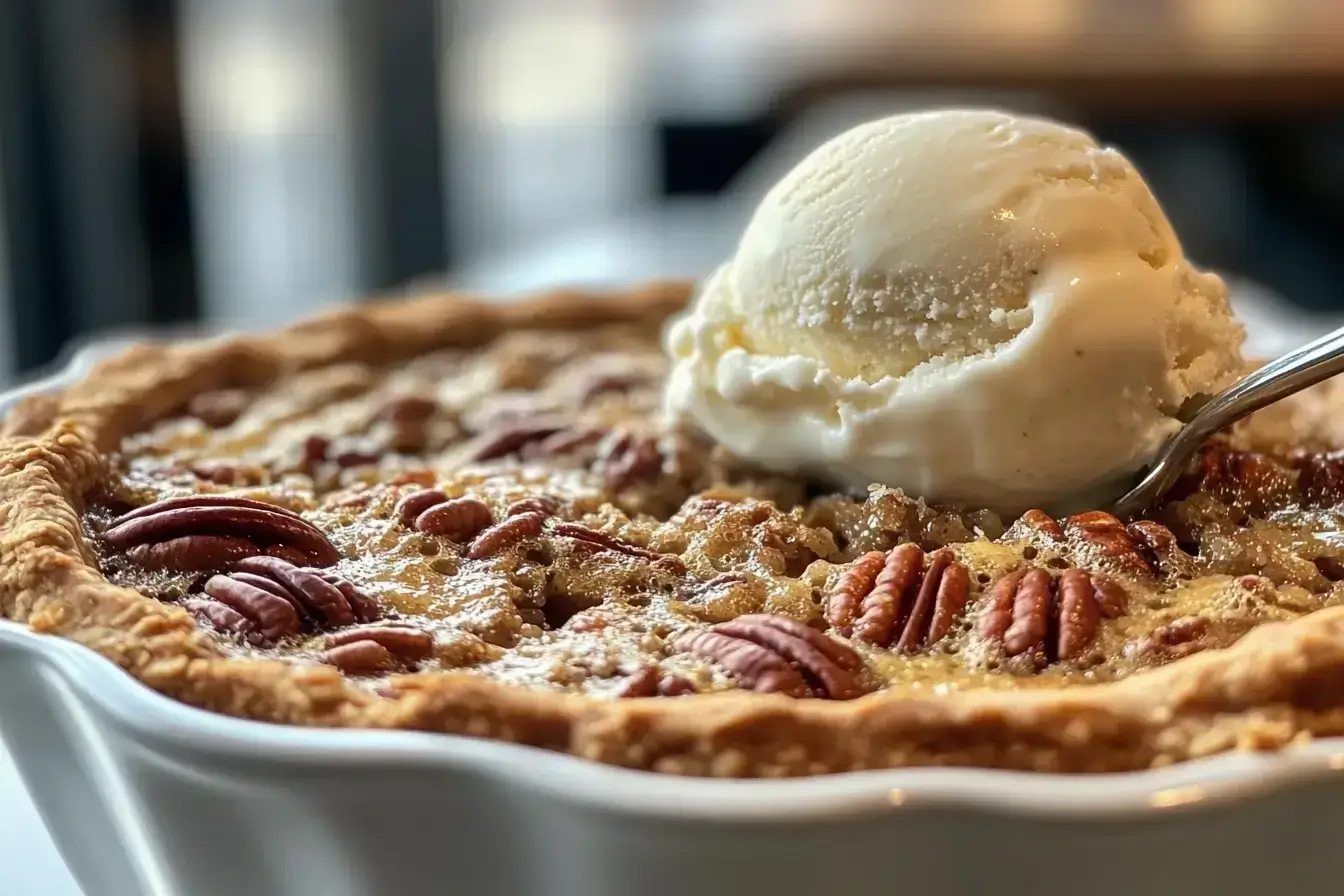 Pecan pie cobbler served warm with vanilla ice cream