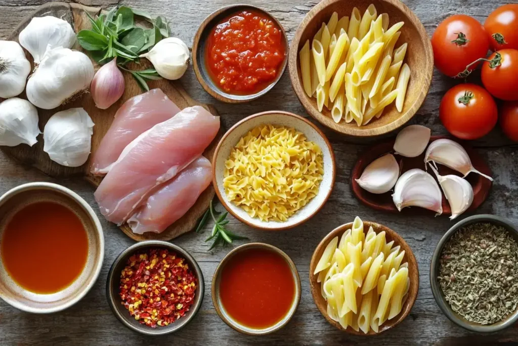 Ingredients for chicken parmesan soup on wooden surface