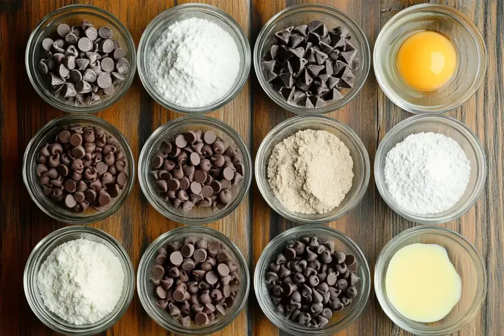 Ingredients for mini chocolate chip cookies laid out in glass bowls