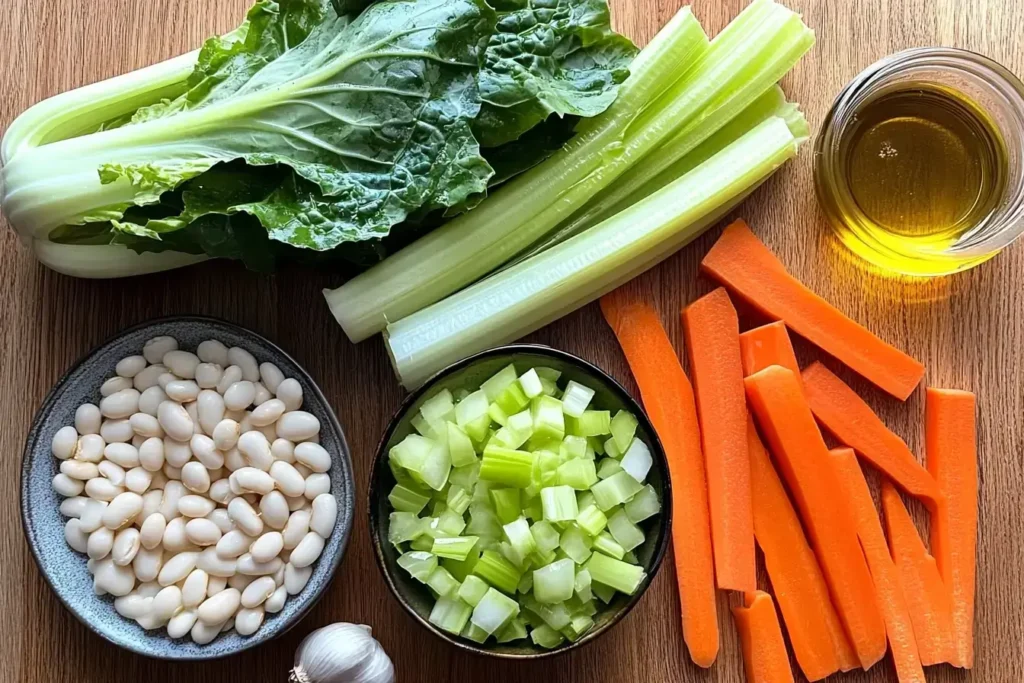 Fresh ingredients for escarole bean soup on wooden counter