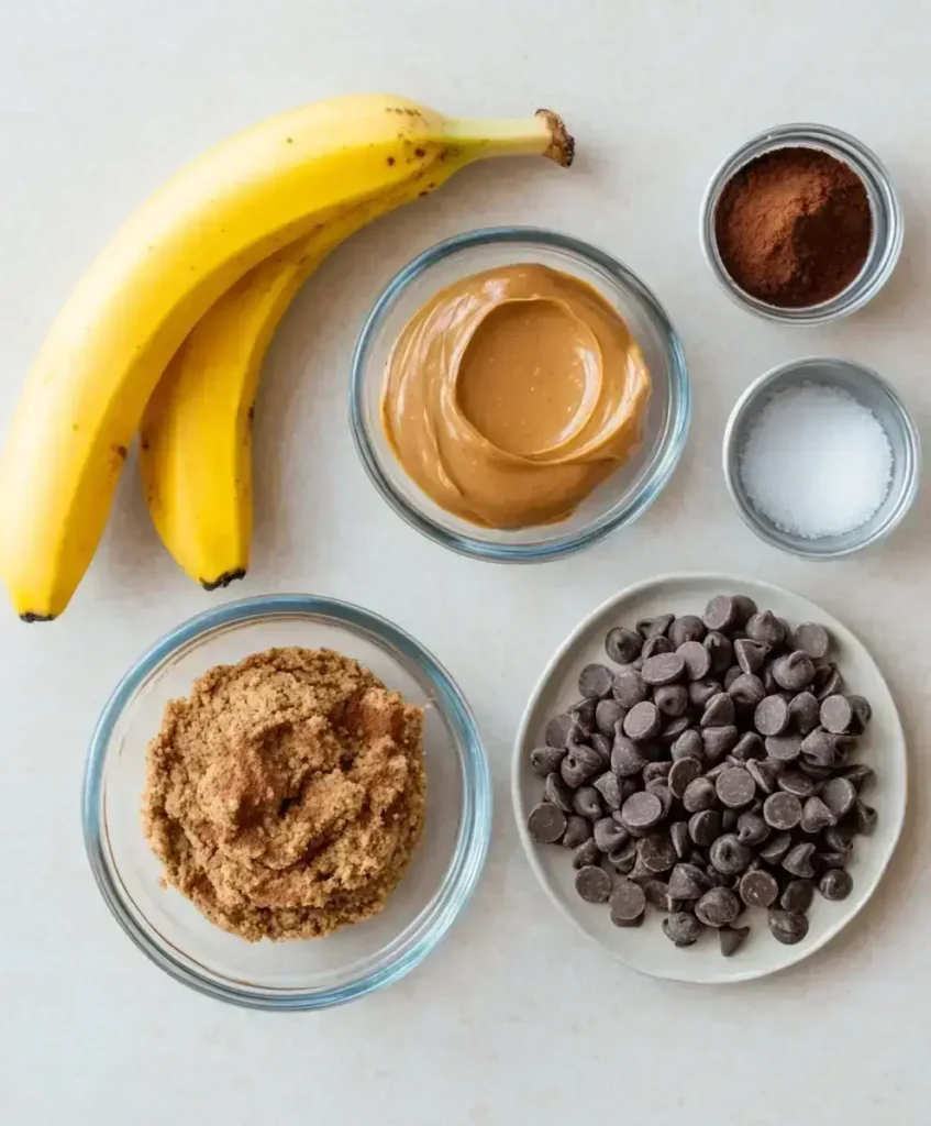 Ingredients for banana peanut butter cookies arranged in bowls.